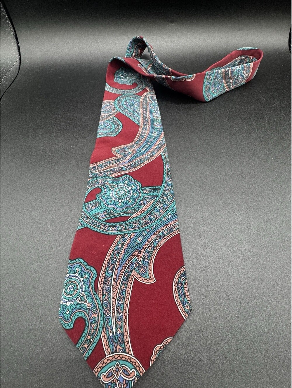 Vintage Excello Cravats Paisley Tie Burgundy Teal Microfiber USA 55”